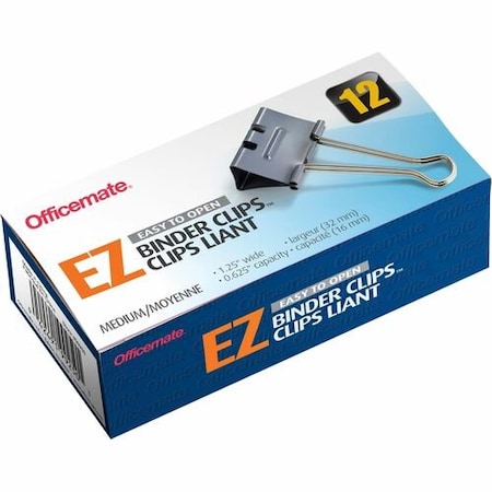 Officemate Binder Clips, Effortless, Med, 5/8in Capacity, 1-1/4inW, GY OIC99250